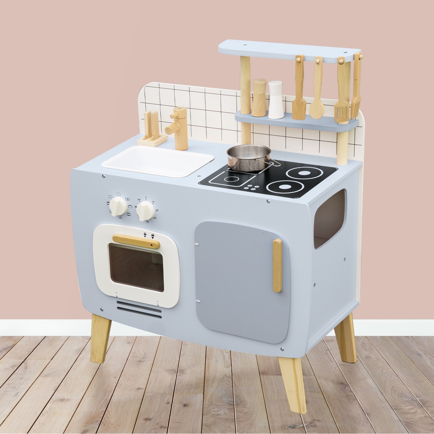 Cocina infantil de madera gris y azul con accesorios para niños | JOCCA