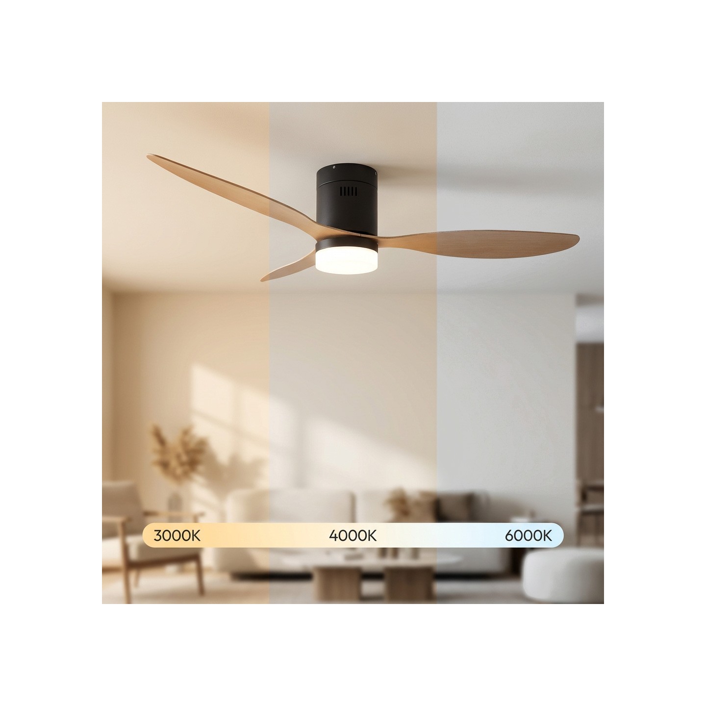 Ventilador de teto com luz LED e motor DC silencioso | 6 velocidades, temporizador e comando - jOCCA