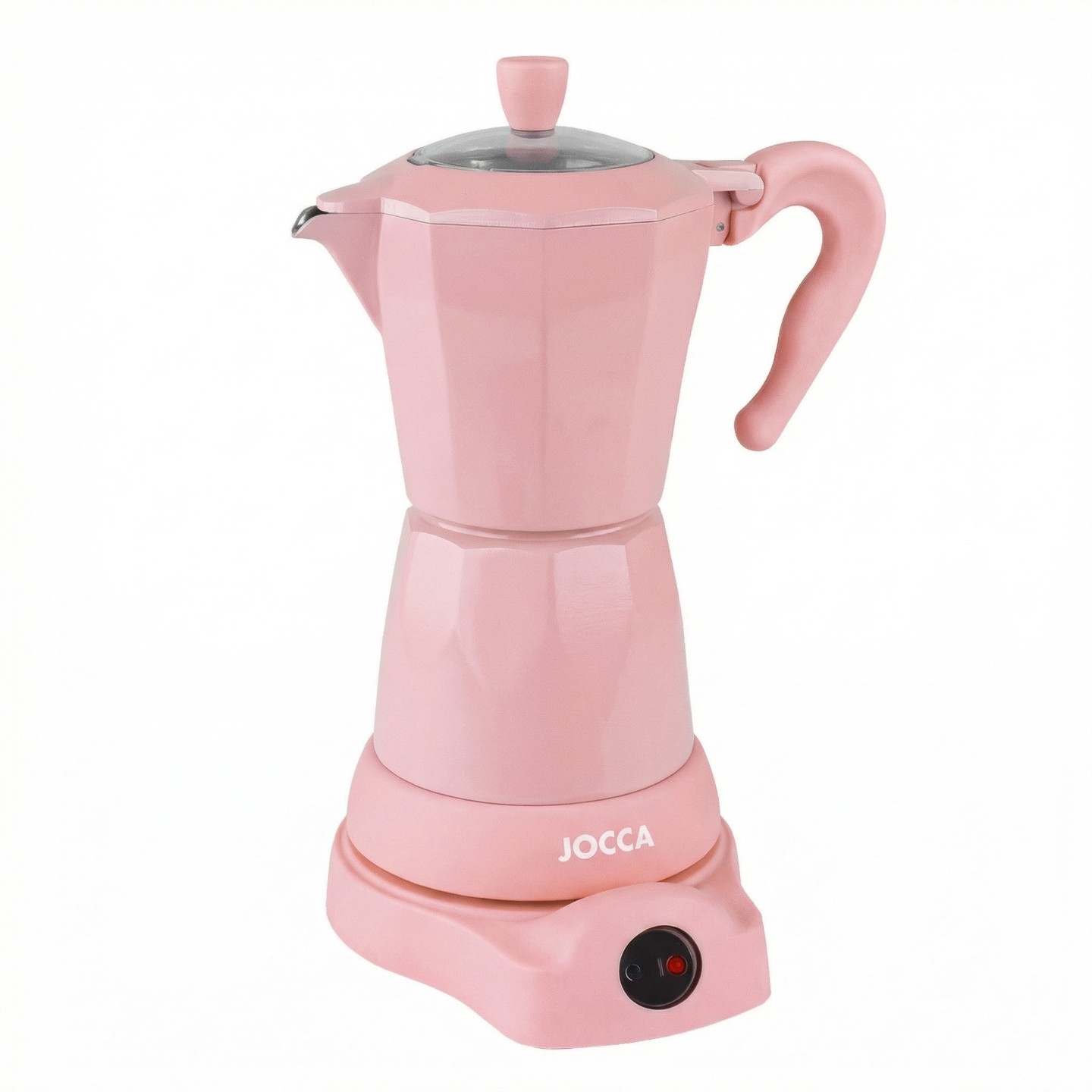 Máquina de café italiana elétrica rosa 6 xícaras com base rotativa e manter jocca quente