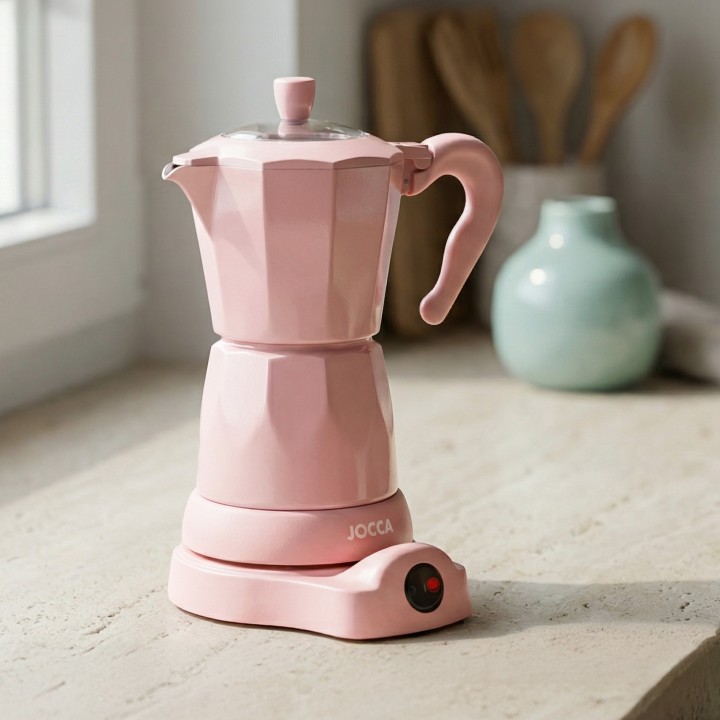 Cafetera Italiana Eléctrica Rosa 6 Tazas Con Base Giratoria Y Mantiene Caliente JOCCA