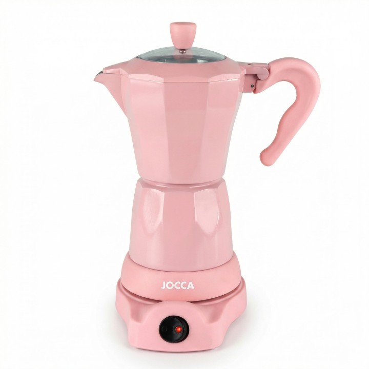 Cafetera Italiana Eléctrica Rosa 6 Tazas Con Base Giratoria Y Mantiene Caliente JOCCA