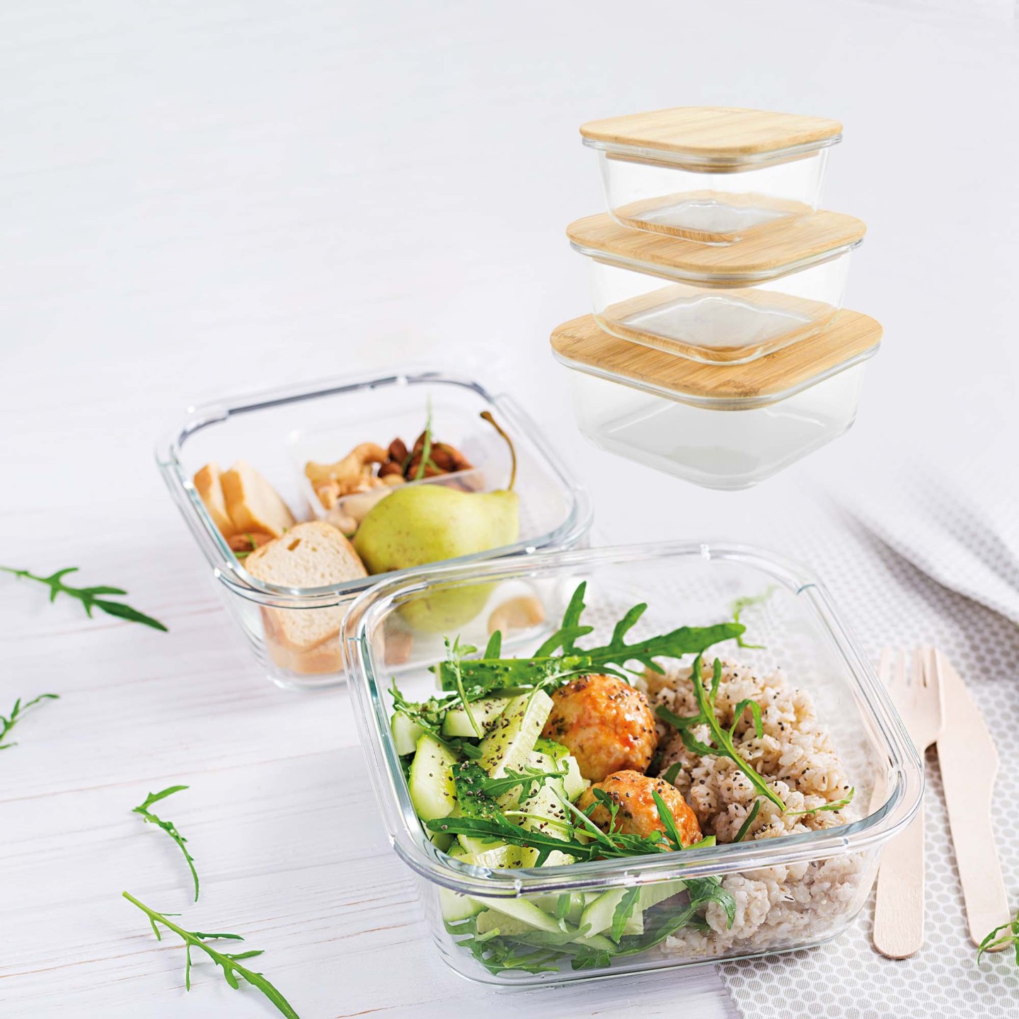 SET DE 3 RECIPIENTES DE CRISTAL BOROSILICATO CON TAPA DE BAMBÚ