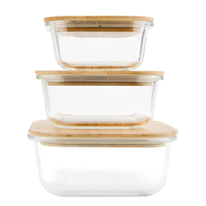 SET DE 3 RECIPIENTES DE CRISTAL BOROSILICATO CON TAPA DE BAMBÚ