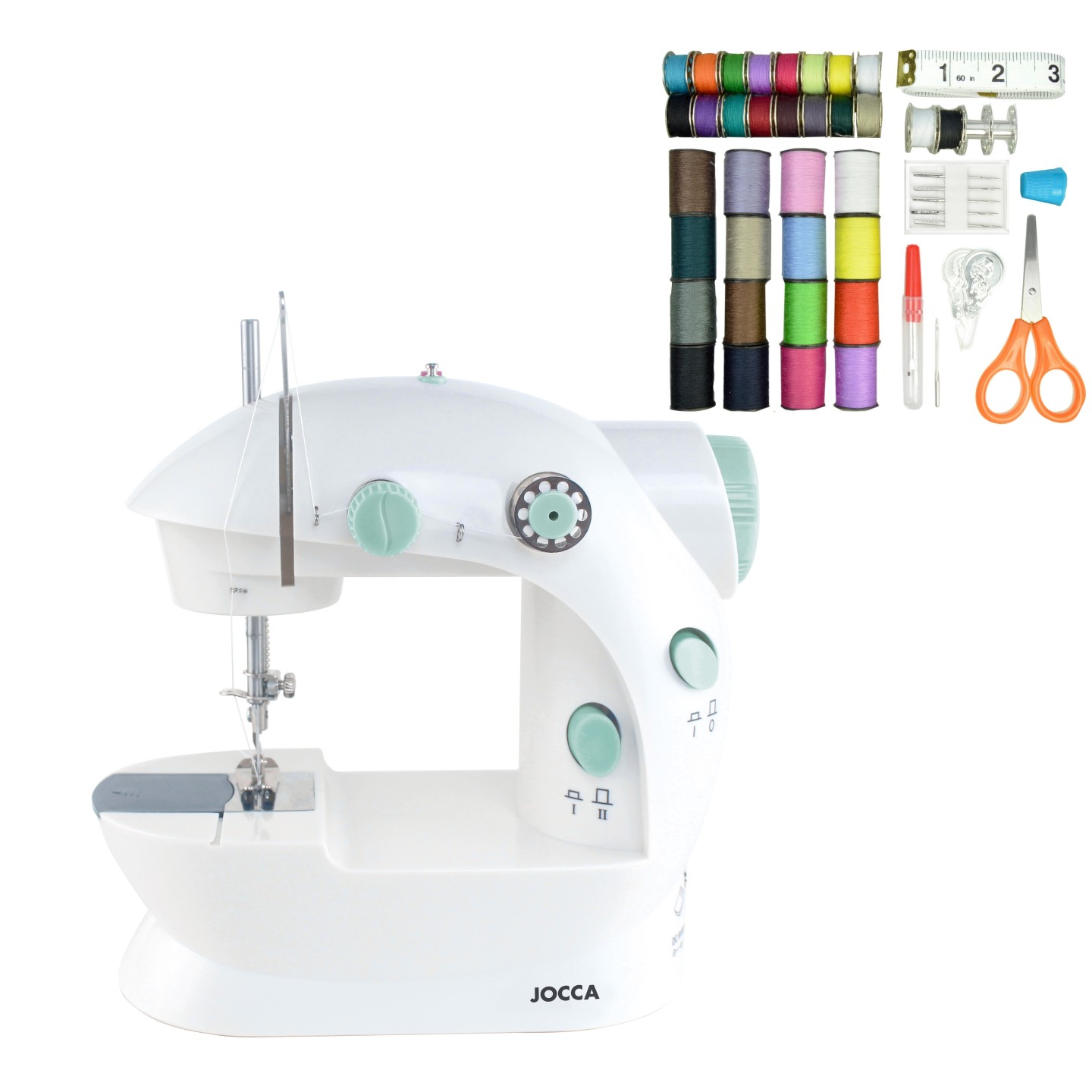 Portable sewing machine with 48 accessories, double stitch and dual operation | Jocca